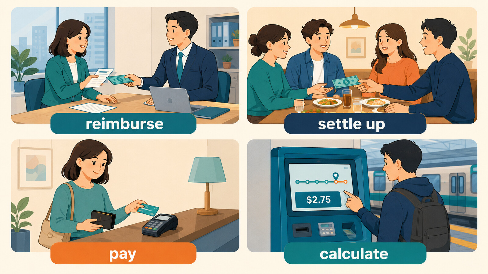 reimburse、settle up、pay、calculateの違い