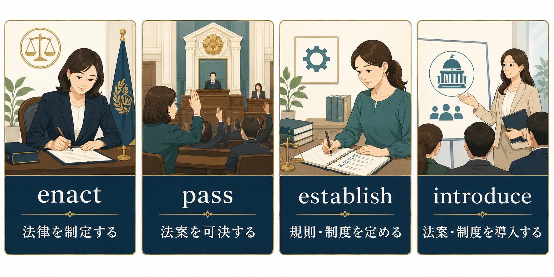 enact・pass・establish・introduceの違い