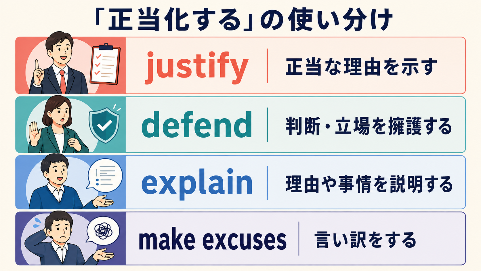 justify、defend、explain、make excusesの使い分け