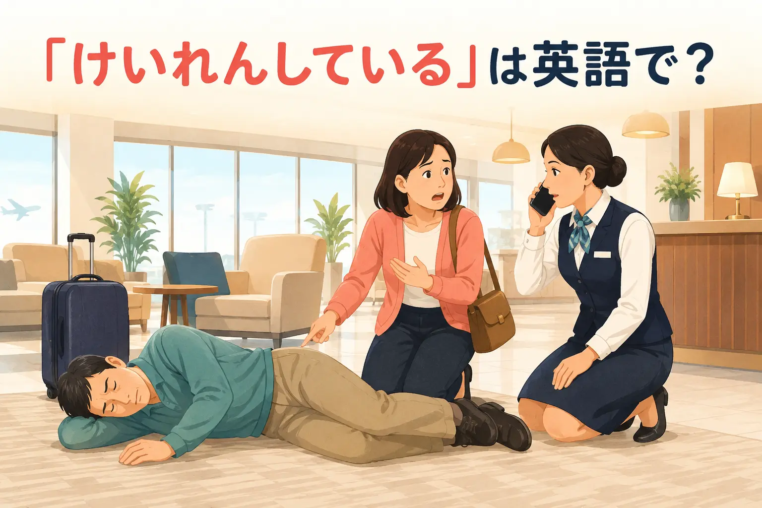 海外旅行中にけいれんした人のためスタッフへ救急連絡を頼む場面