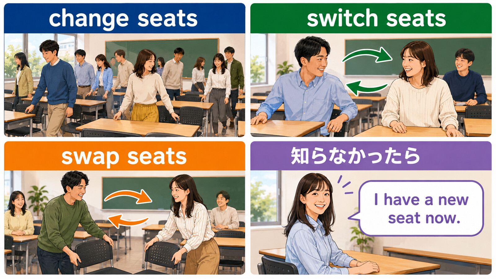 change seats・switch seats・swap seatsとI have a new seat now.の違い
