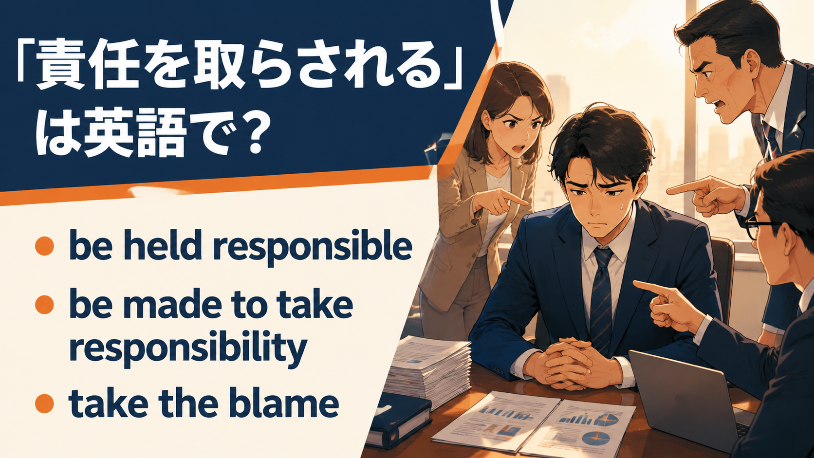 責任を取らされるは英語で?be held responsible・be made to take responsibility・take the blameの違い