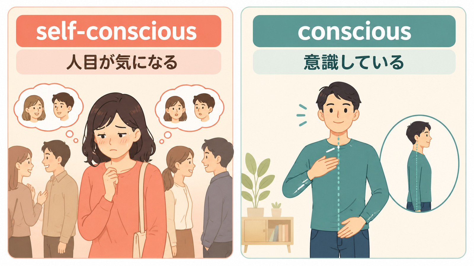 self-consciousは人目が気になる、consciousは意識しているという違い