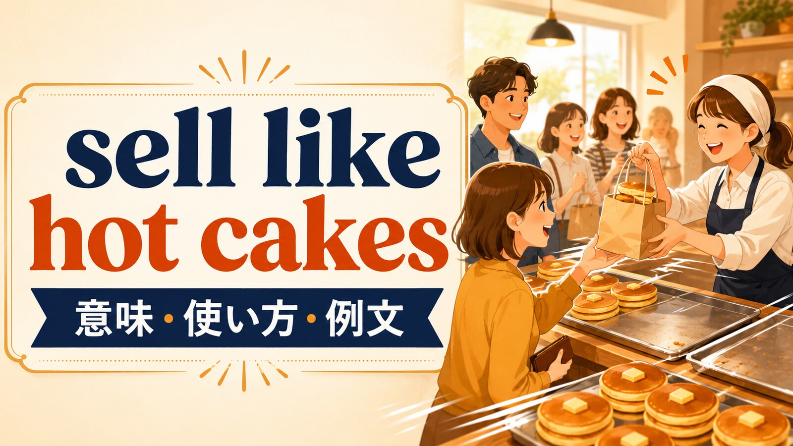 sell like hot cakesの意味・使い方・例文を示すアイキャッチ画像