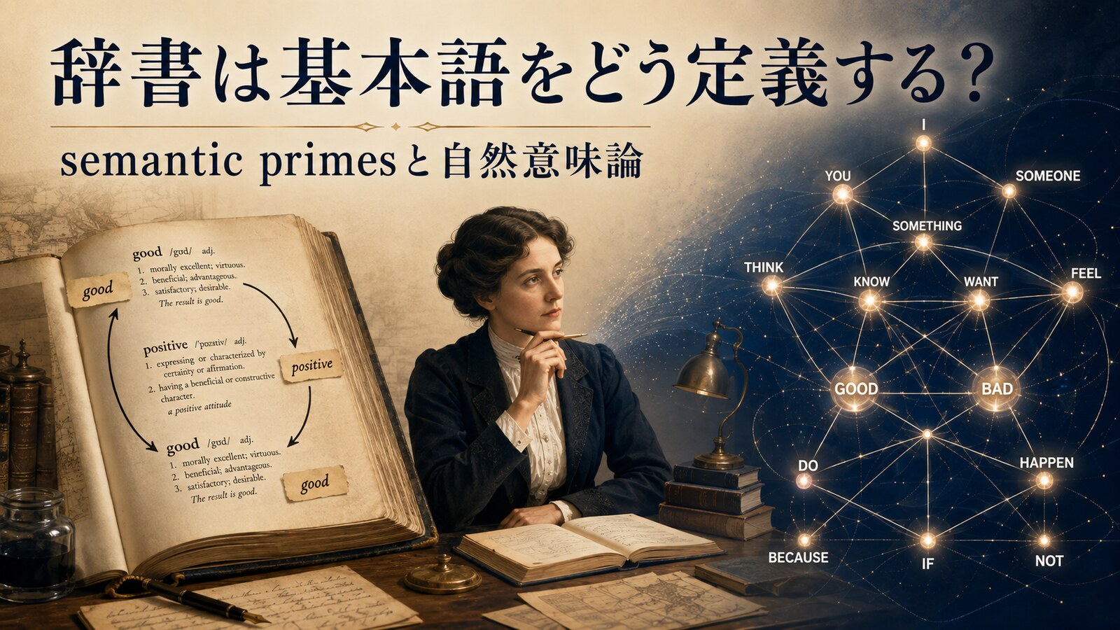 辞書の循環定義とsemantic primes・自然意味論を説明するイメージ