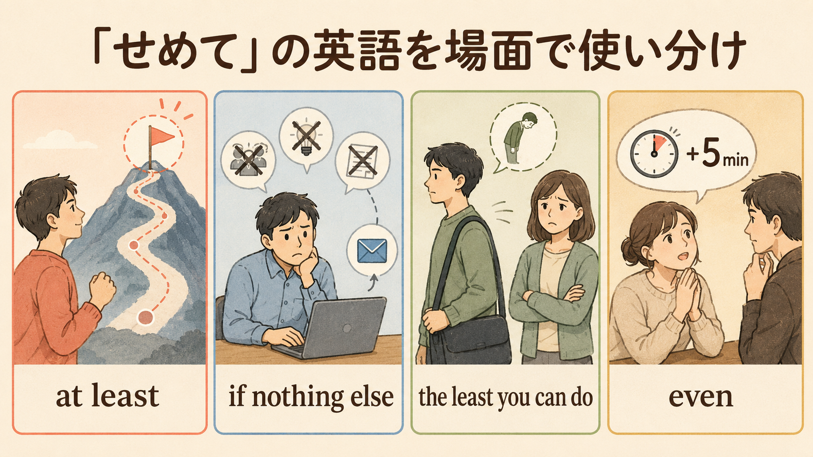 「せめて」の英語at least・if nothing else・the least you can do・evenの比較イラスト