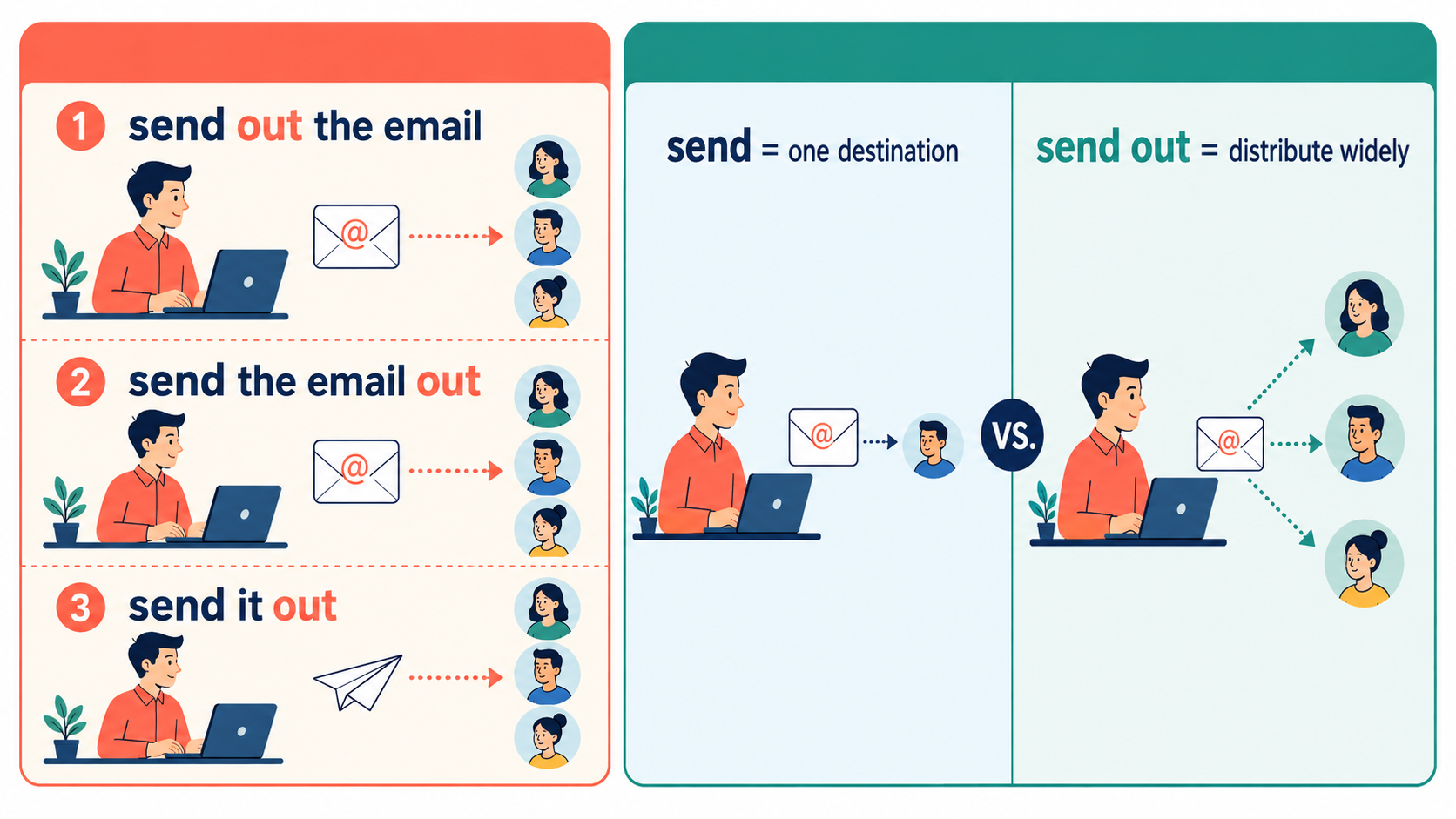 send out the email・send it outの語順とsendとの違いを示す解説図