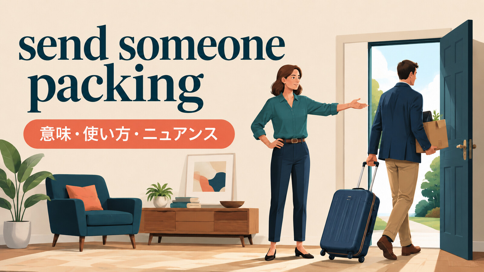 send someone packingの意味・使い方・ニュアンスを解説するアイキャッチ画像