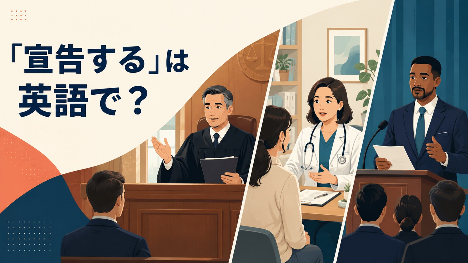 「宣告する」の英語表現を裁判・医療・公式発表の場面で示すイラスト