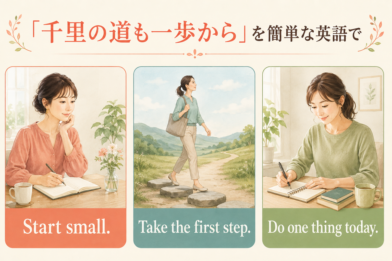 千里の道も一歩からをStart smallなど簡単な英語で表すイラスト