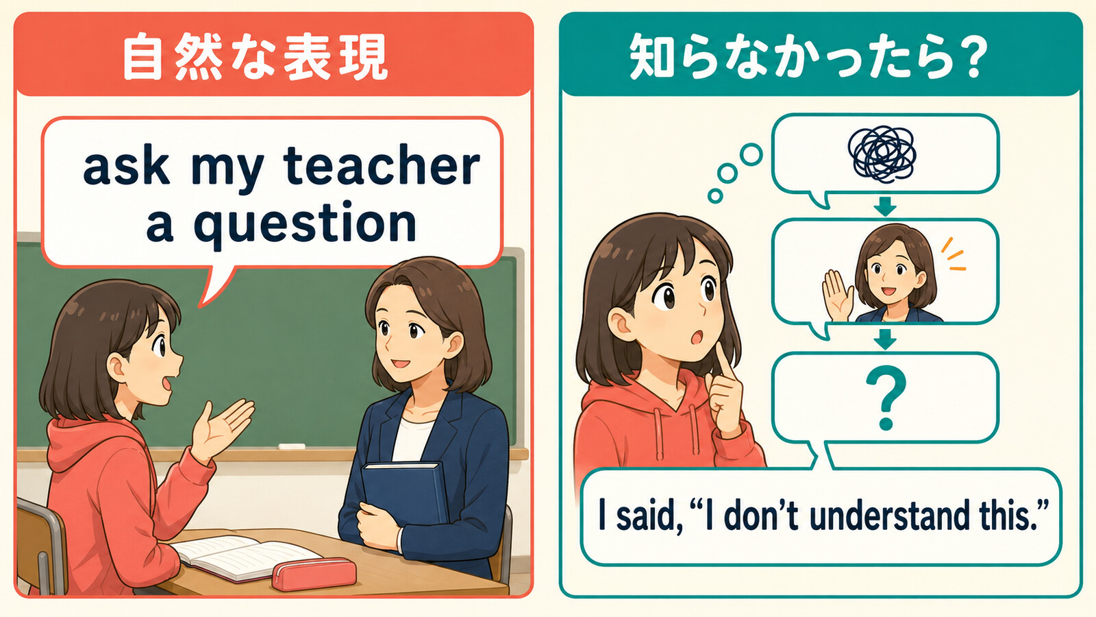 ask my teacher a questionと簡単な英語での言い換えを示す図