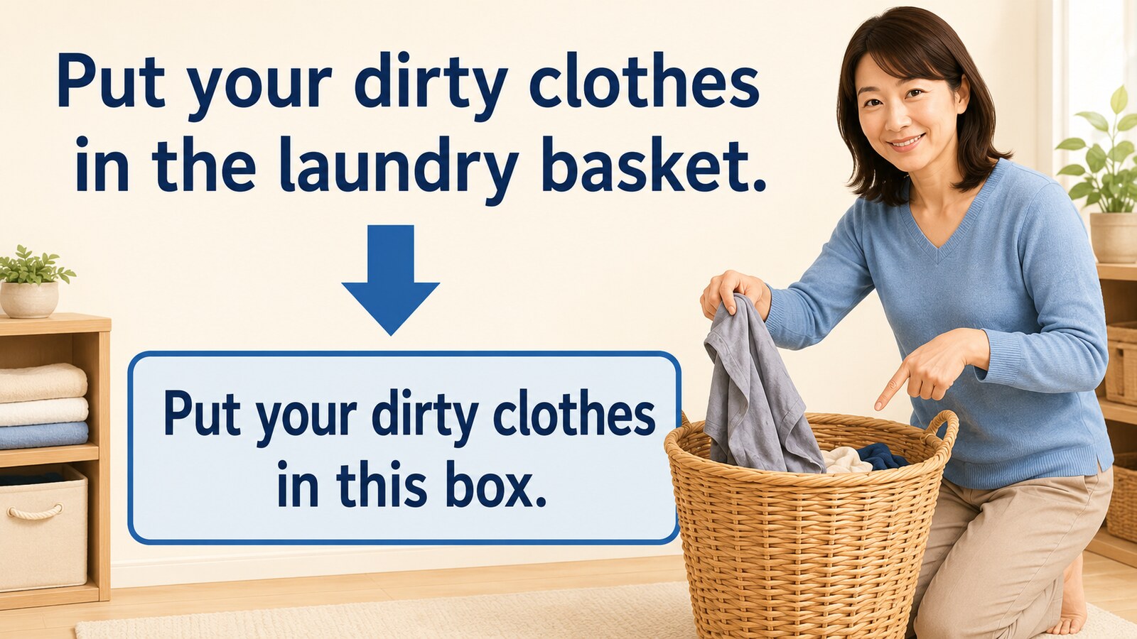 Put your dirty clothes in the laundry basket.をPut your dirty clothes in this box.に言い換える解説イラスト