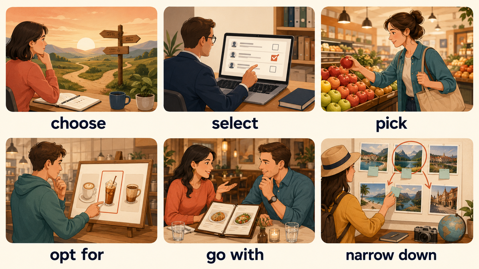 choose・select・pick・opt for・go with・narrow downの違いを示す比較イラスト