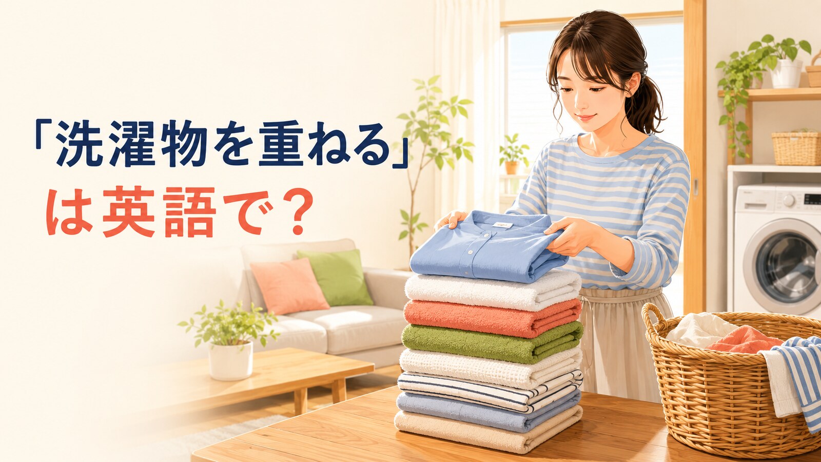 畳んだ洗濯物をきれいに積み重ねる様子