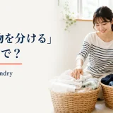 白い服と濃い色の服を二つのかごに分ける女性と英語表現 sort the laundry