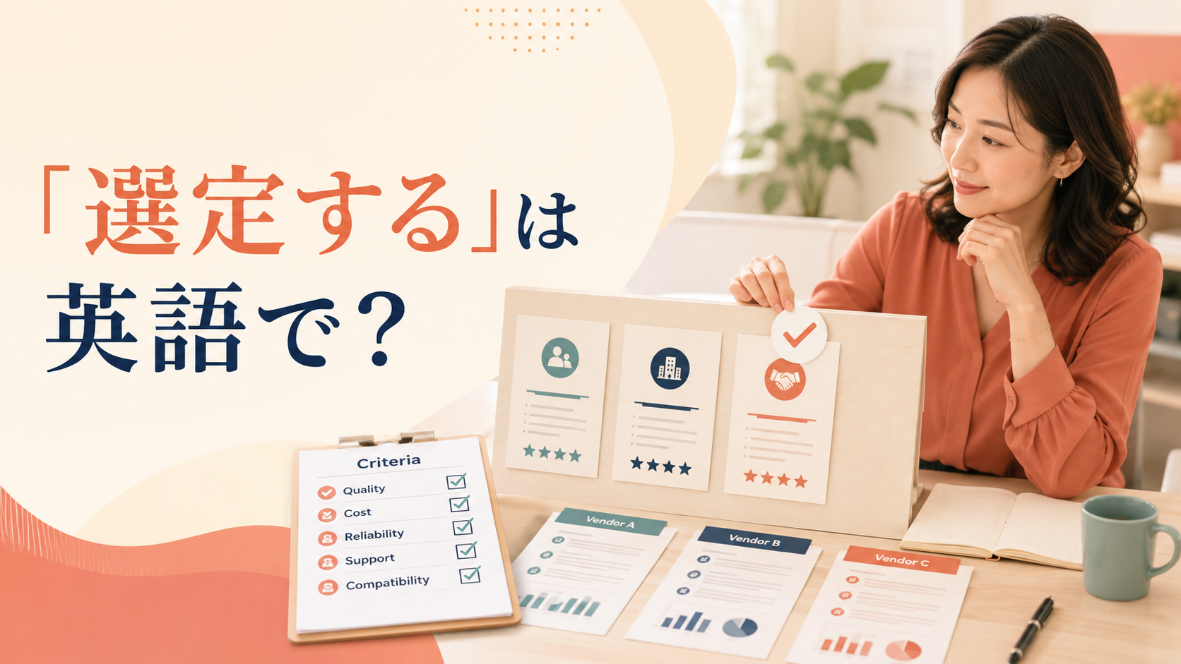 「選定する」は英語で？基準に沿って候補を選ぶ女性