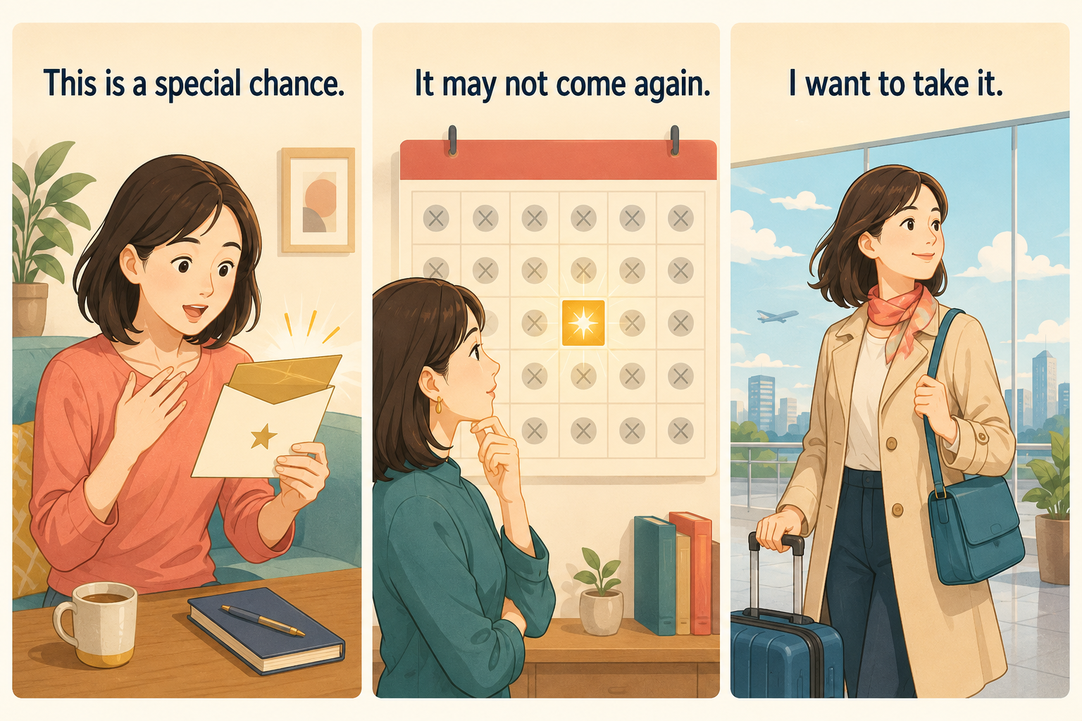 千載一遇をThis is a special chanceなど3つの簡単な英語で説明するイラスト