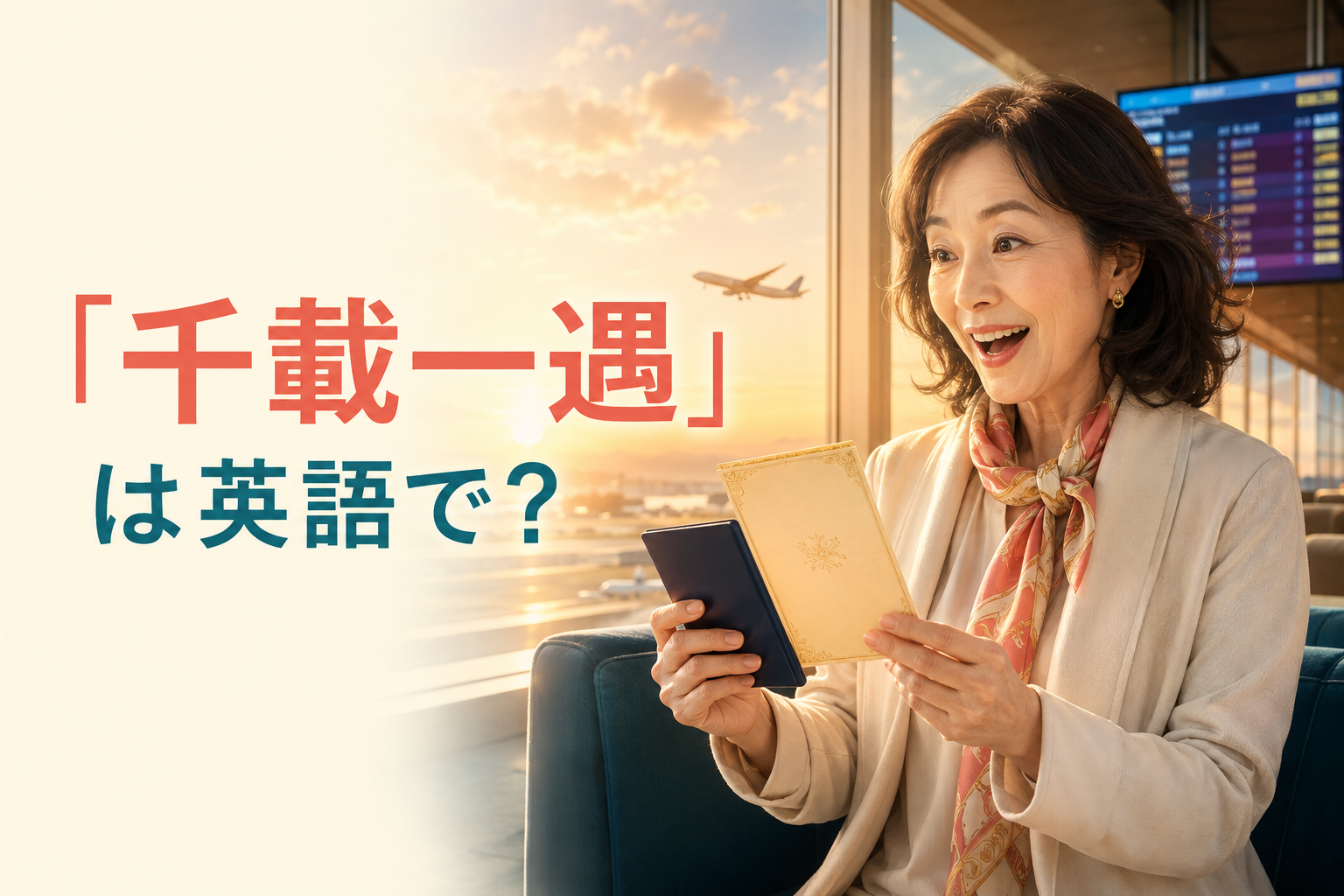 「千載一遇」は英語で?と特別な旅行の招待に喜ぶ女性のイラスト