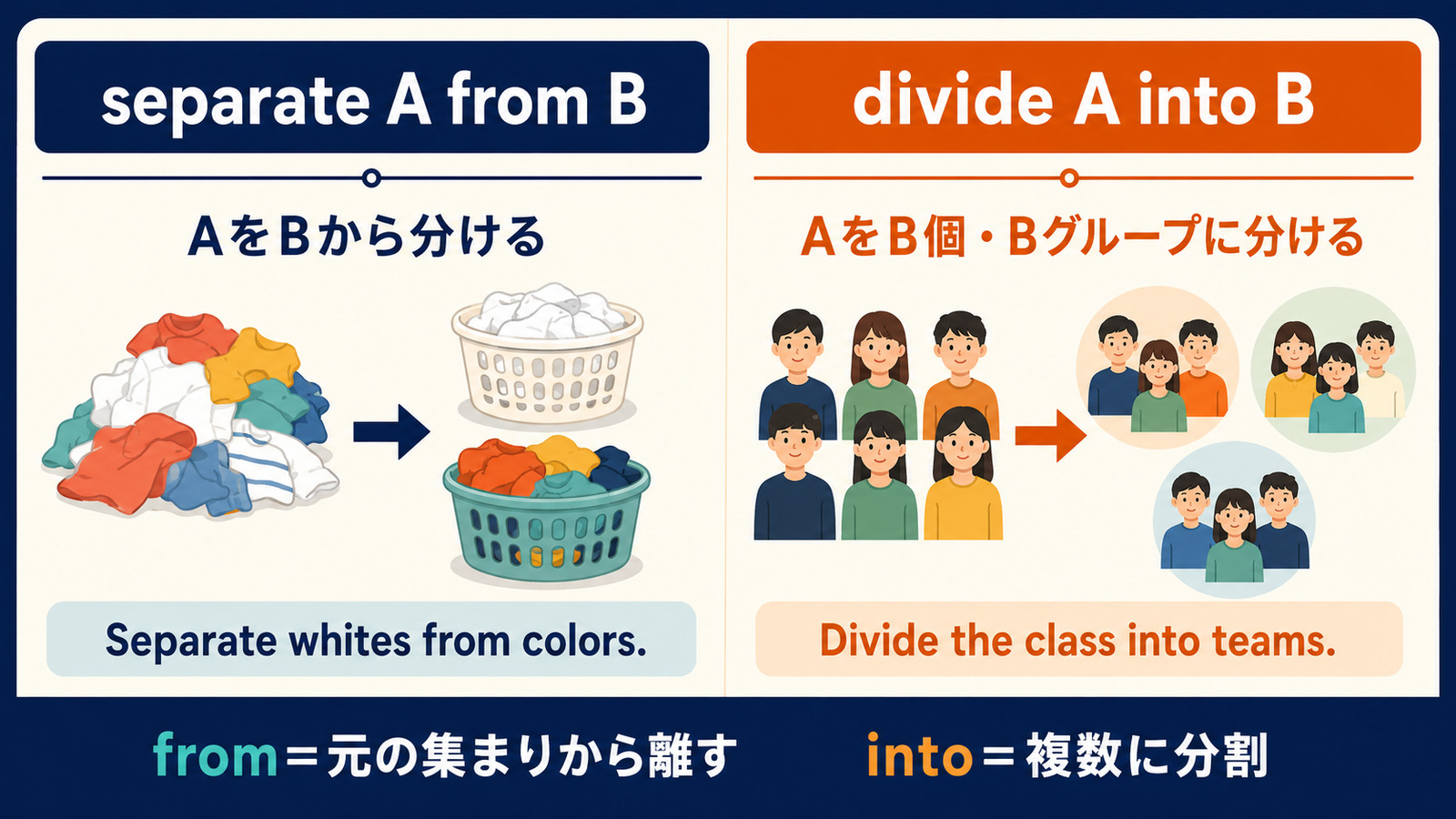 separate A from Bとdivide A into Bの語順と意味の違い