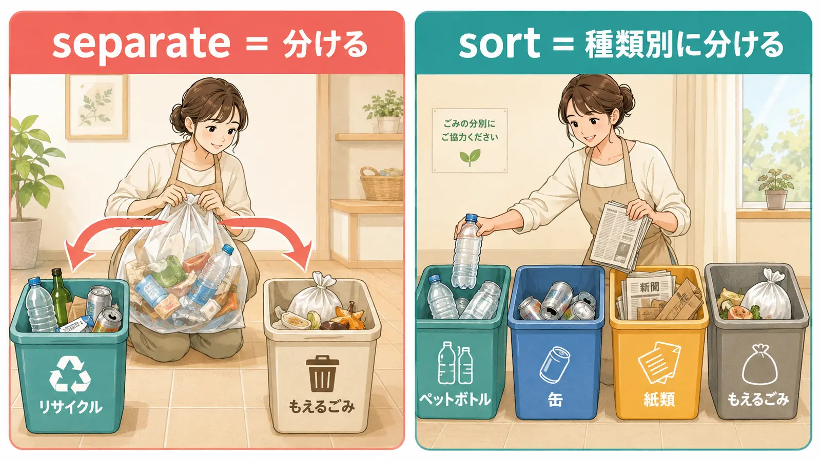 separateは二つに分ける、sortは種類別に分ける違いをゴミ分別で示した図解