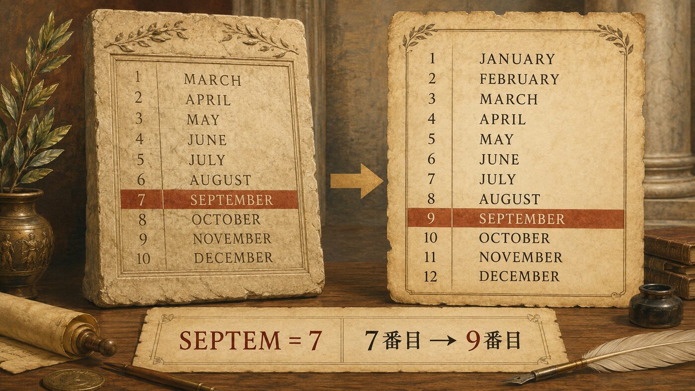 Septemberが3月始まりの暦で7番目だったことを示す由来イラスト