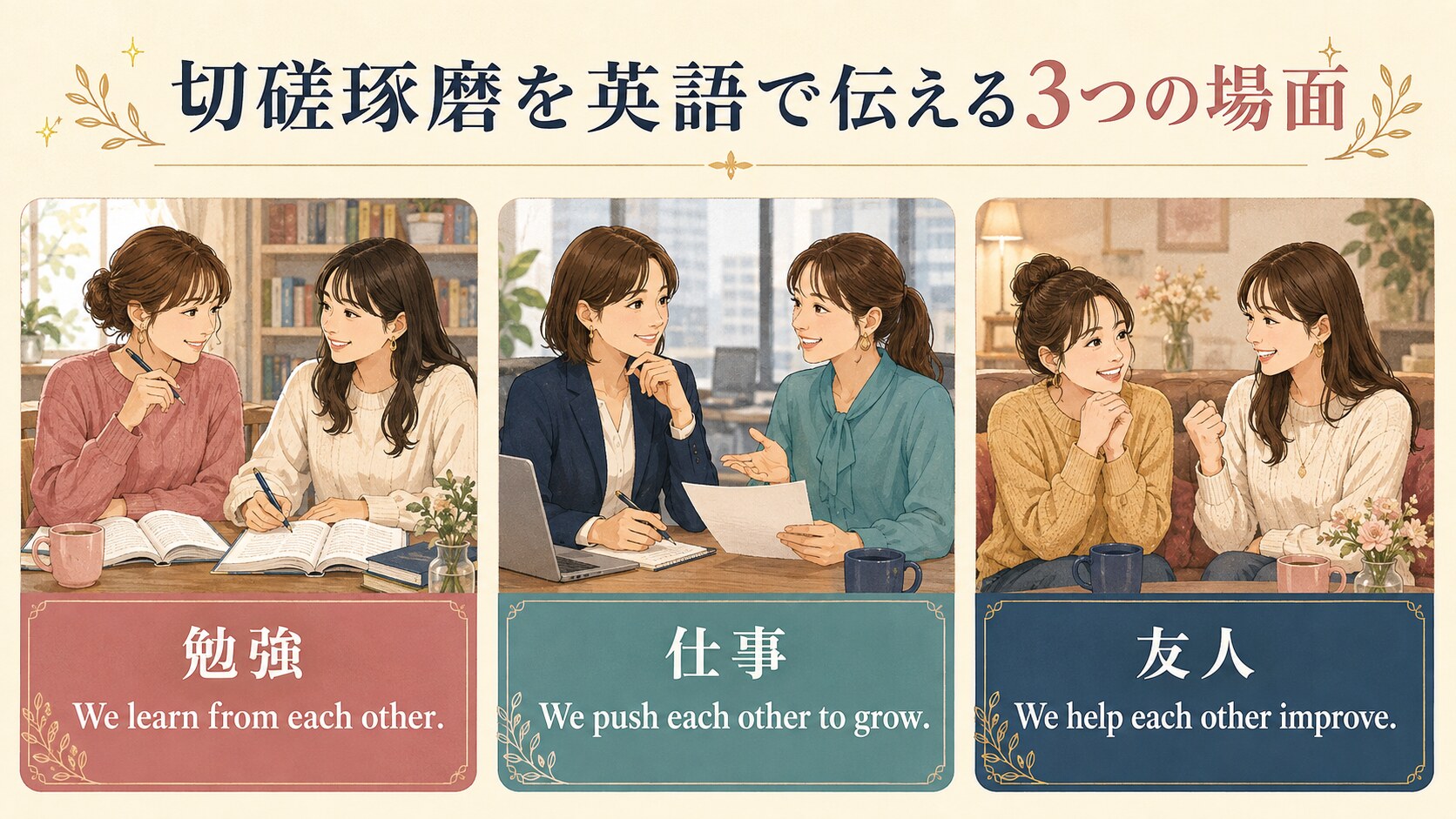 切磋琢磨を英語で伝える勉強・仕事・友人の3つの場面