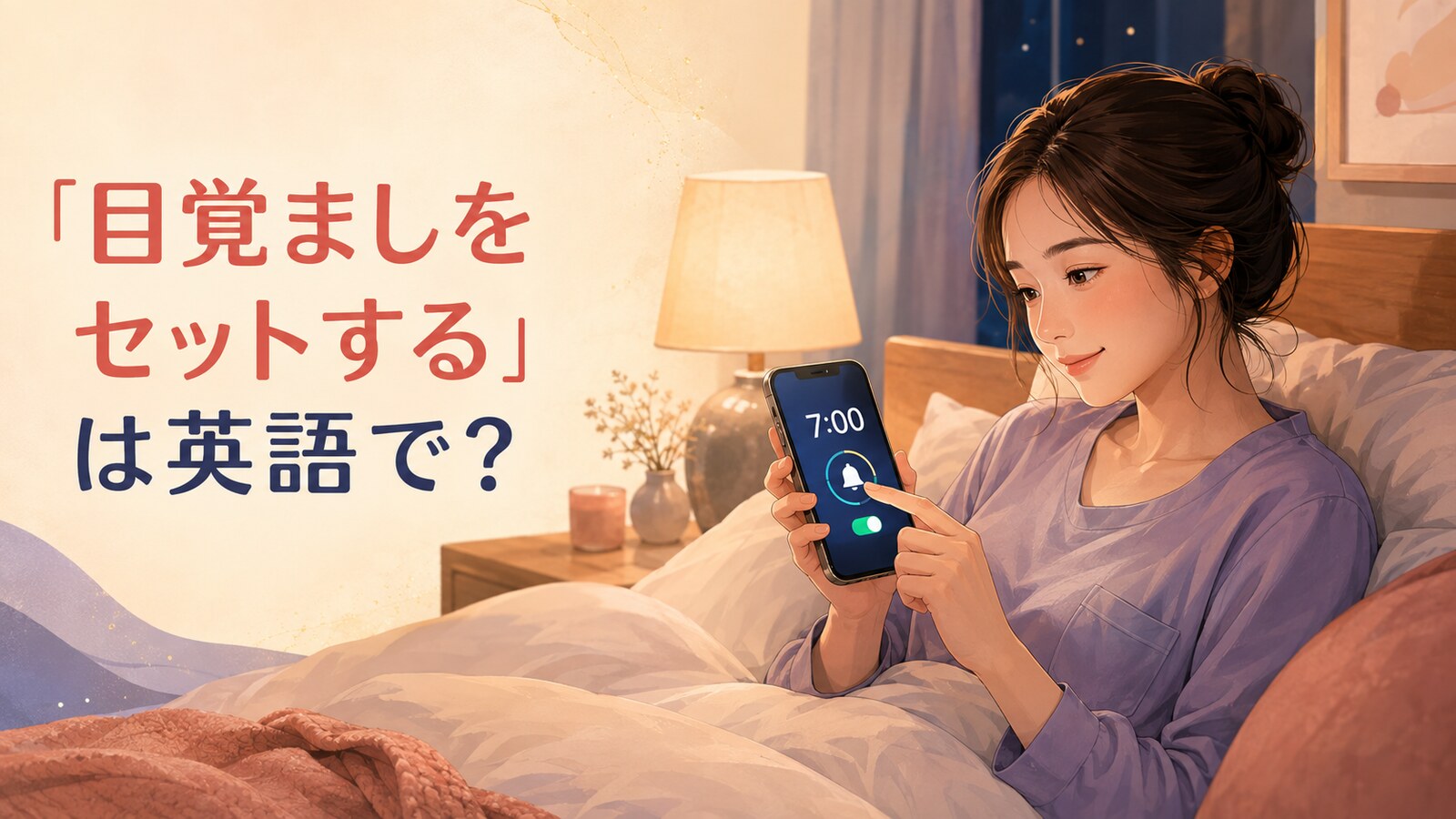 ベッドでスマートフォンの目覚ましを7時にセットする女性と「目覚ましをセットする」は英語で？の文字