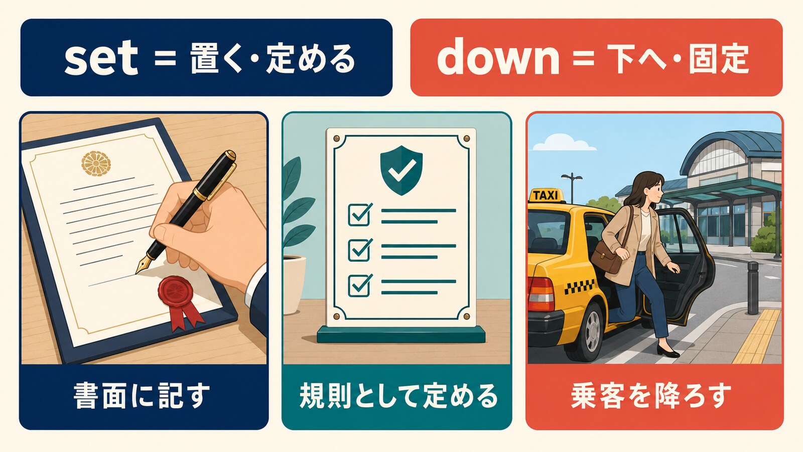 set downの書面に記す・規則として定める・乗客を降ろすという3つの意味