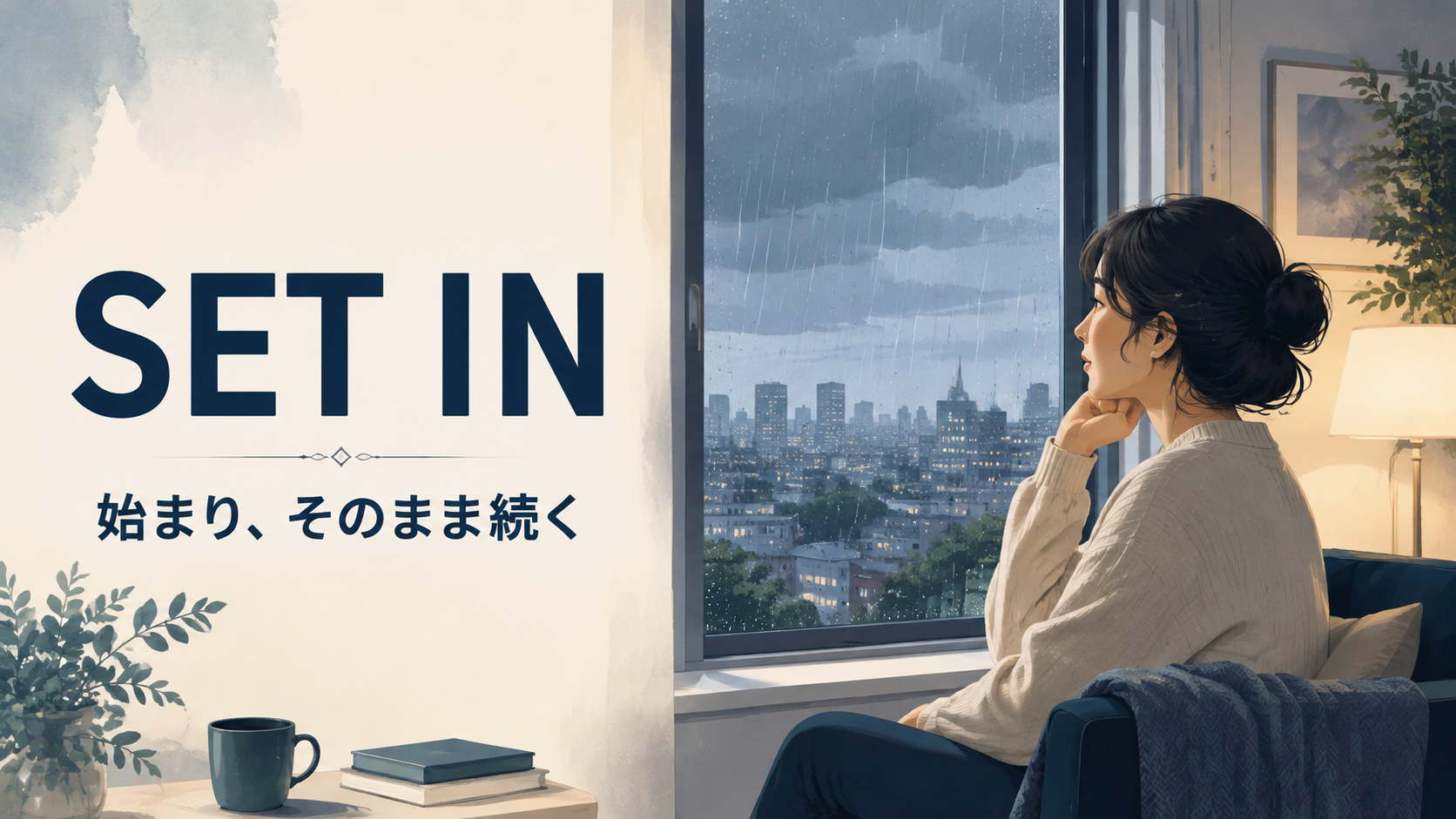 set inの意味と使い方。雨などの状態が始まり、そのまま続くイメージ
