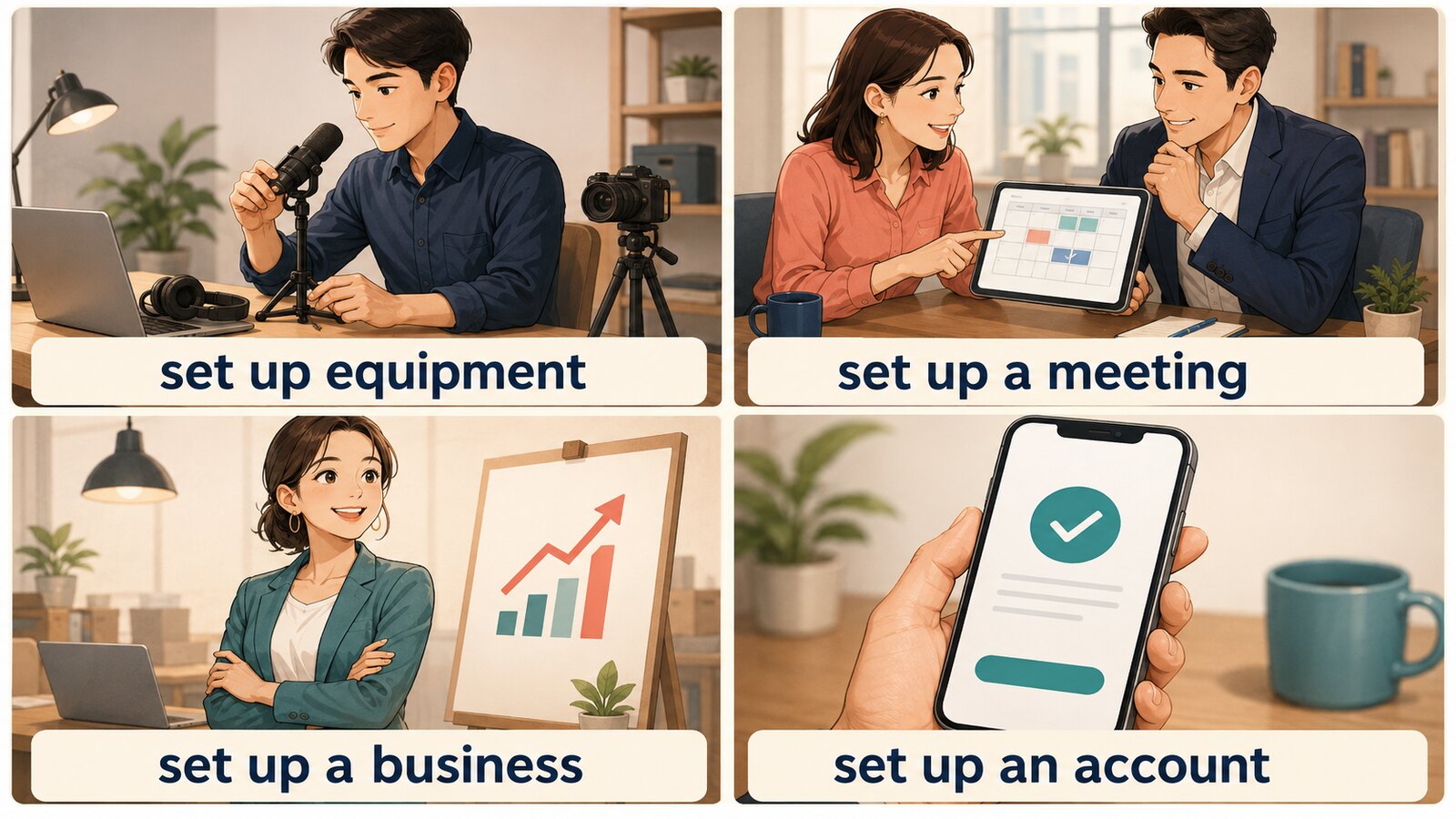 set up equipment・a meeting・a business・an accountを示す4分割イラスト