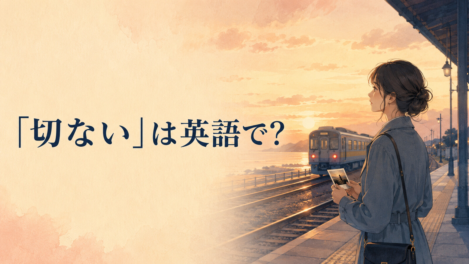 「切ない」は英語で？夕暮れの駅で列車を見送る女性のイラスト
