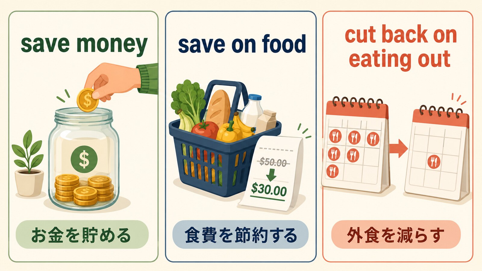 save money・save on food・cut back on eating outの違い