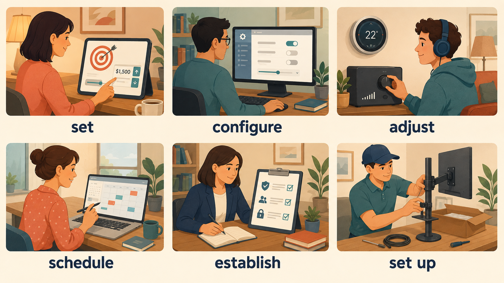set・configure・adjust・schedule・establish・set upの違いを示す比較イラスト