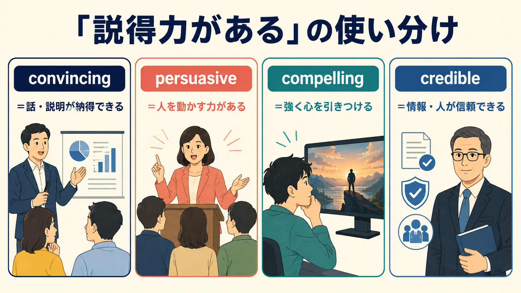 convincing・persuasive・compelling・credibleの違い