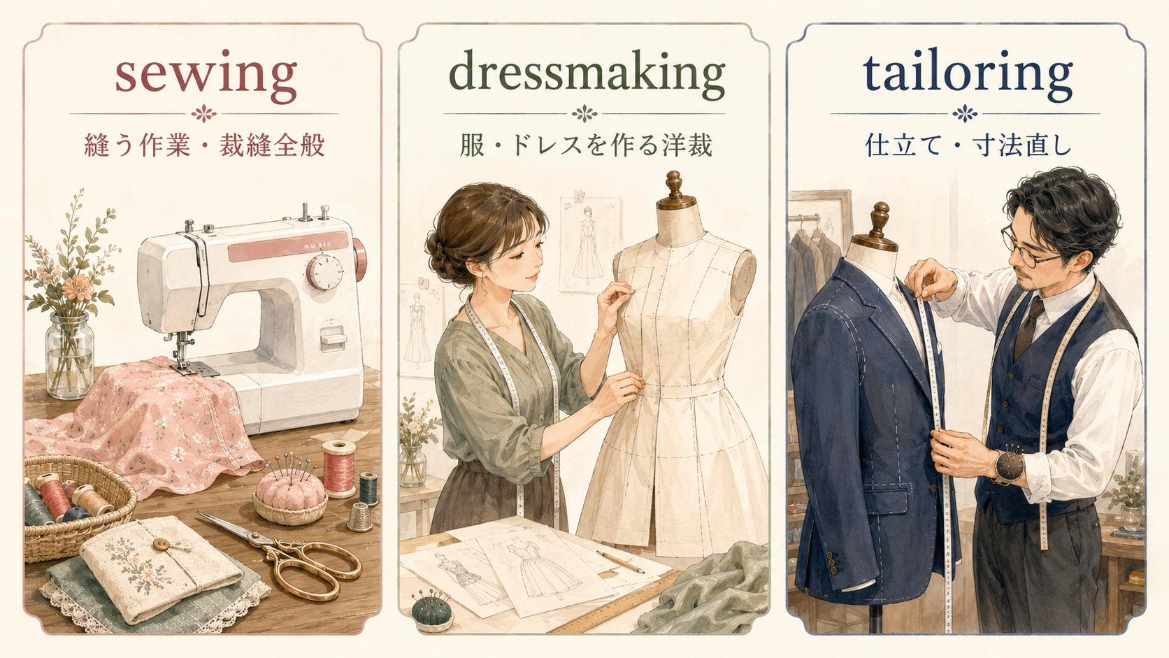 sewing・dressmaking・tailoringの意味の違いを示す比較イラスト
