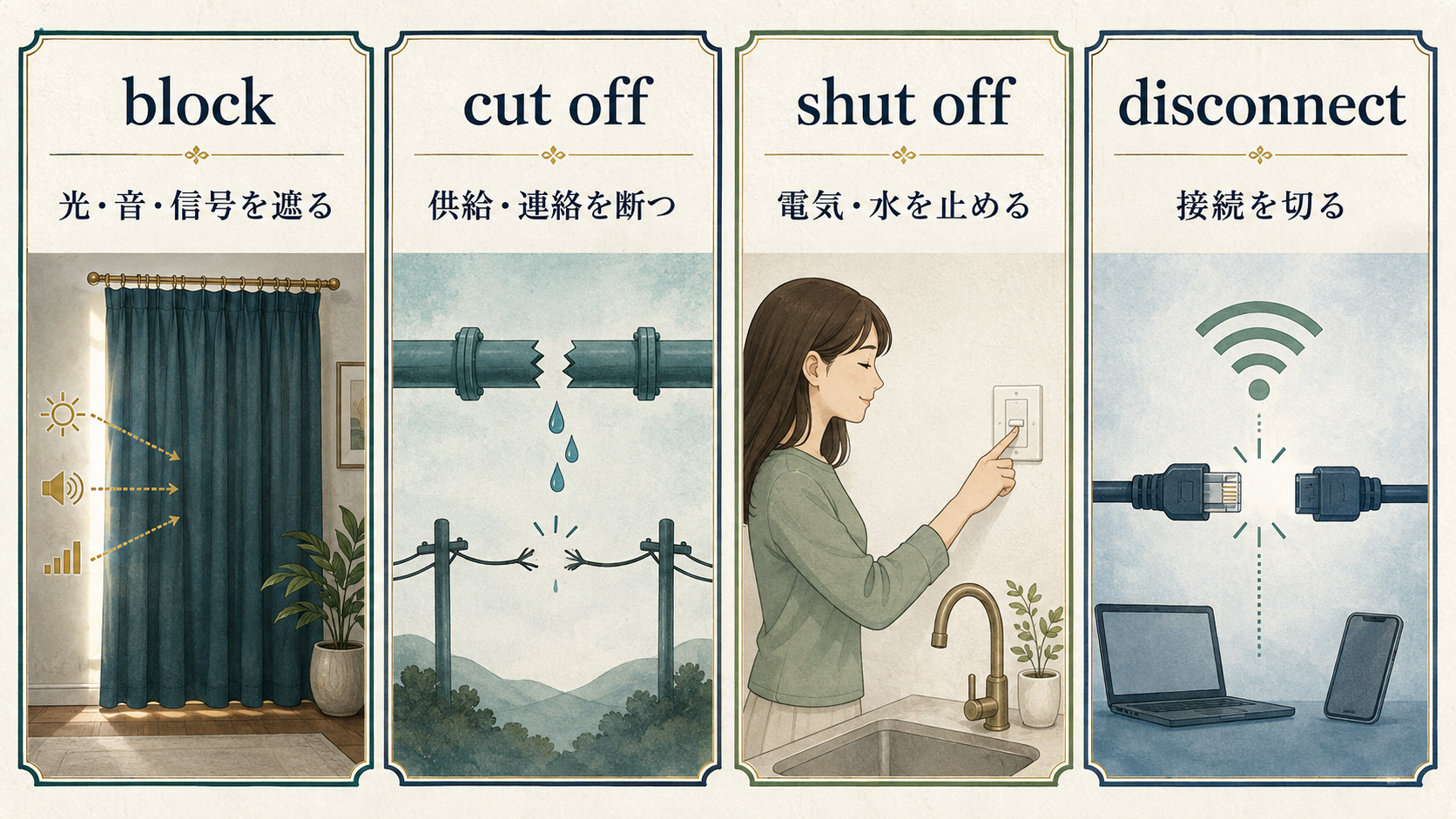 block・cut off・shut off・disconnectの使い分け比較