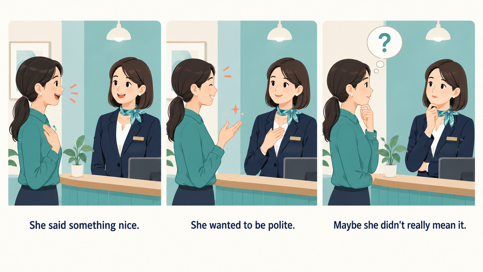 社交辞令をShe said something niceなど簡単な英語に分解した図