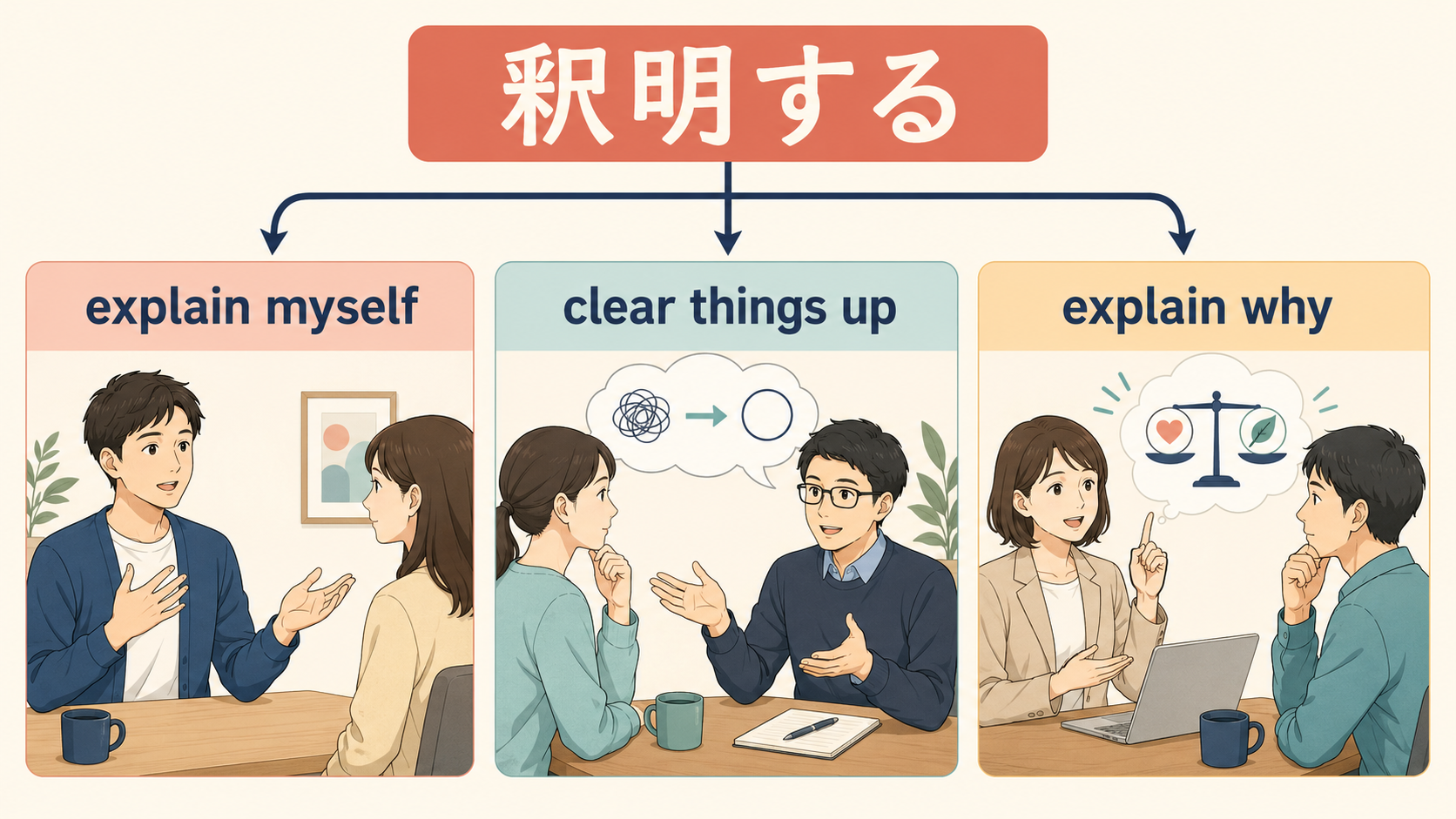 釈明するをexplain myself、clear things up、explain whyに分けた図
