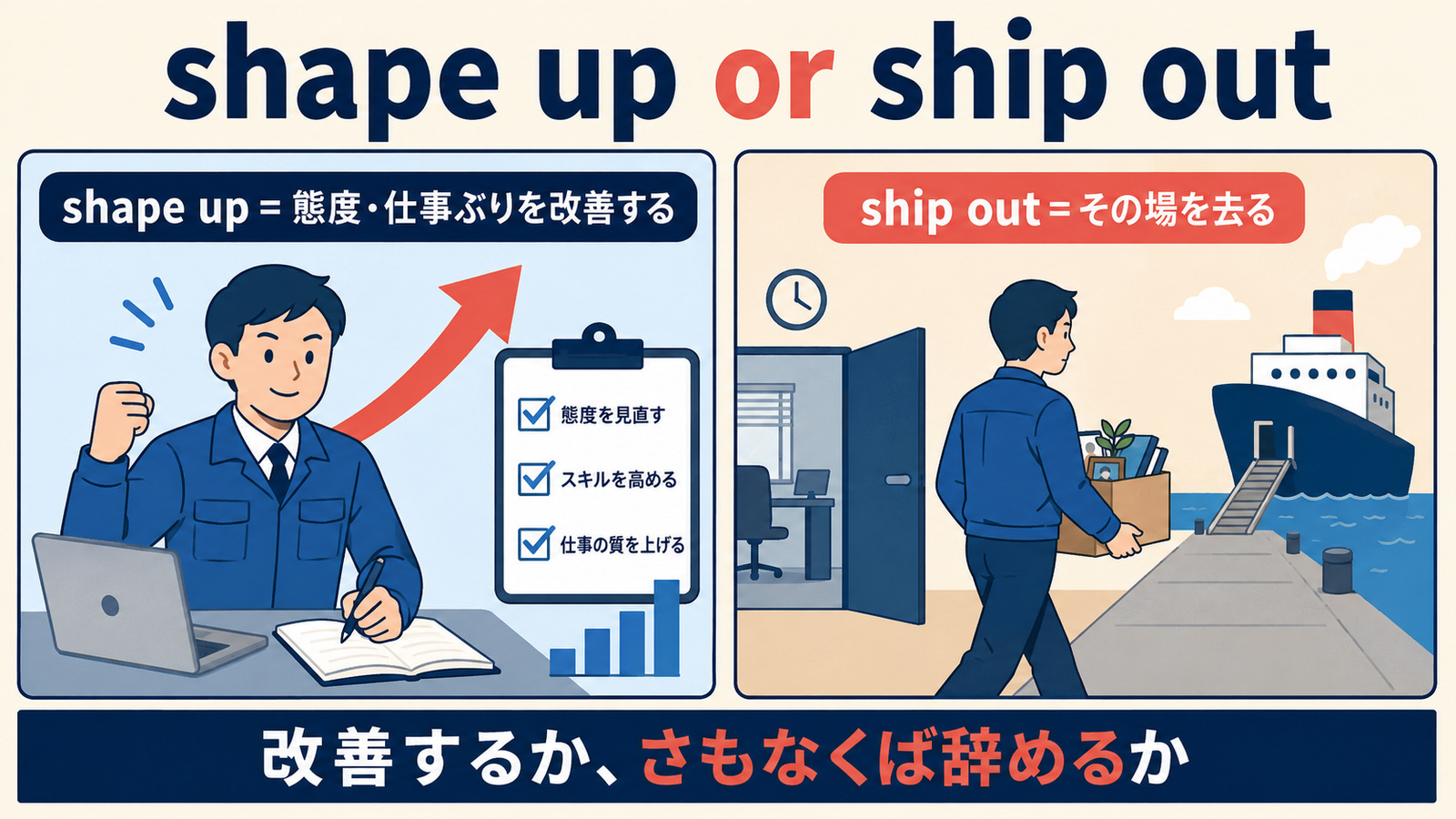 shape upとship outの意味を対比したイラスト