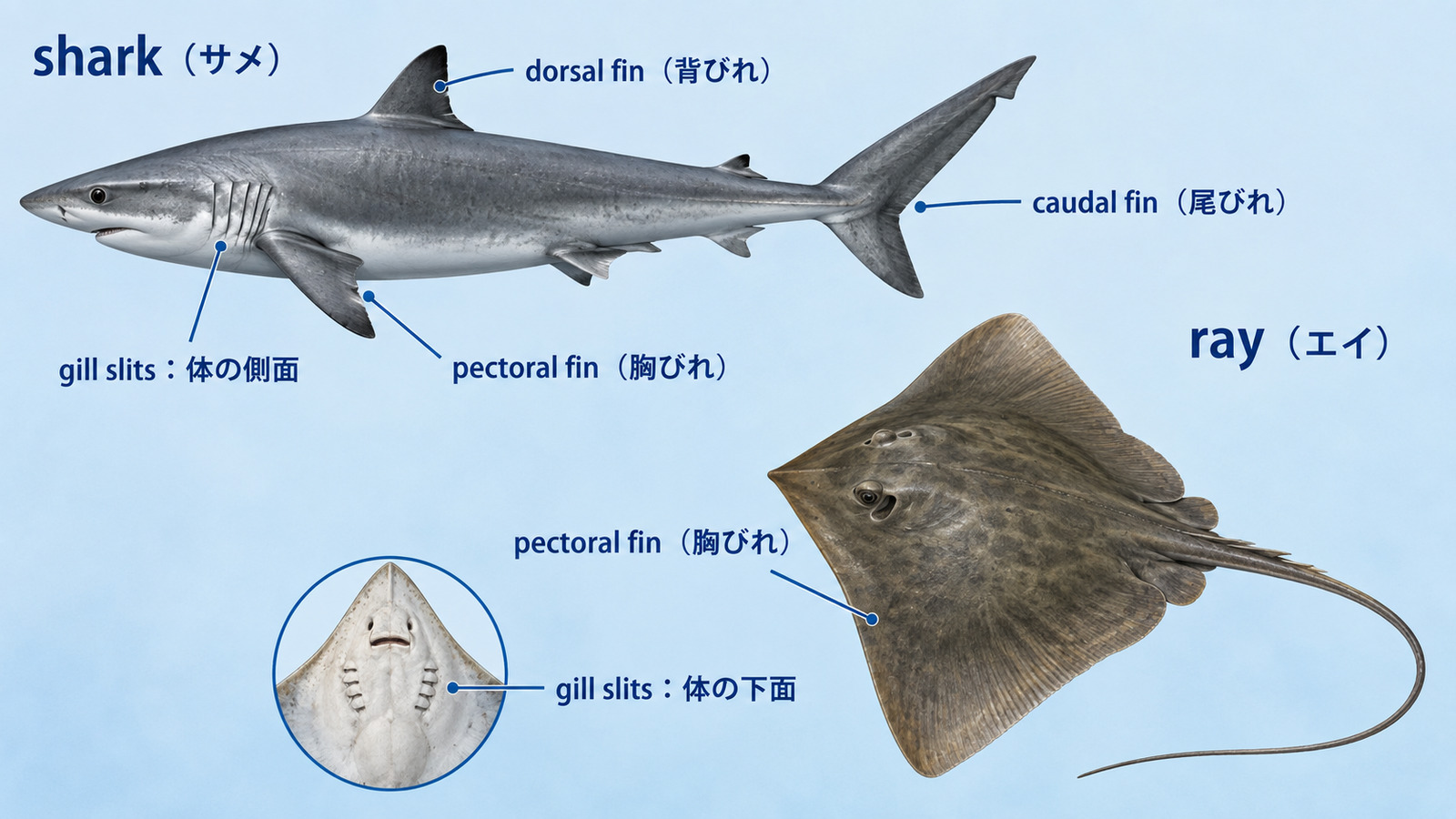 sharkとrayのひれ・尾・えら孔の位置を示した比較図