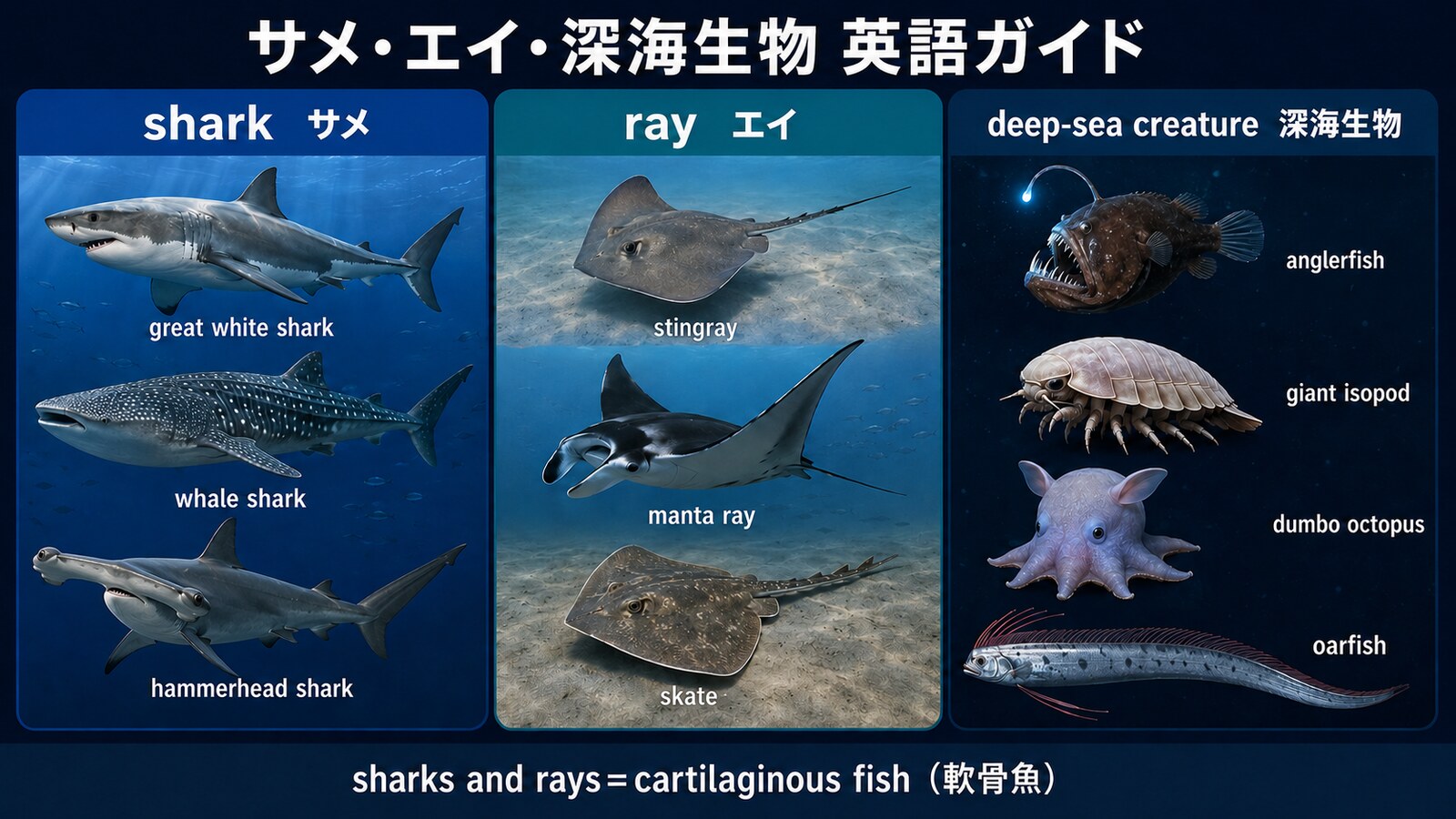 shark・ray・deep-sea creatureをホホジロザメ・ジンベエザメ・シュモクザメ・マンタ・チョウチンアンコウなどで示す英語分類図