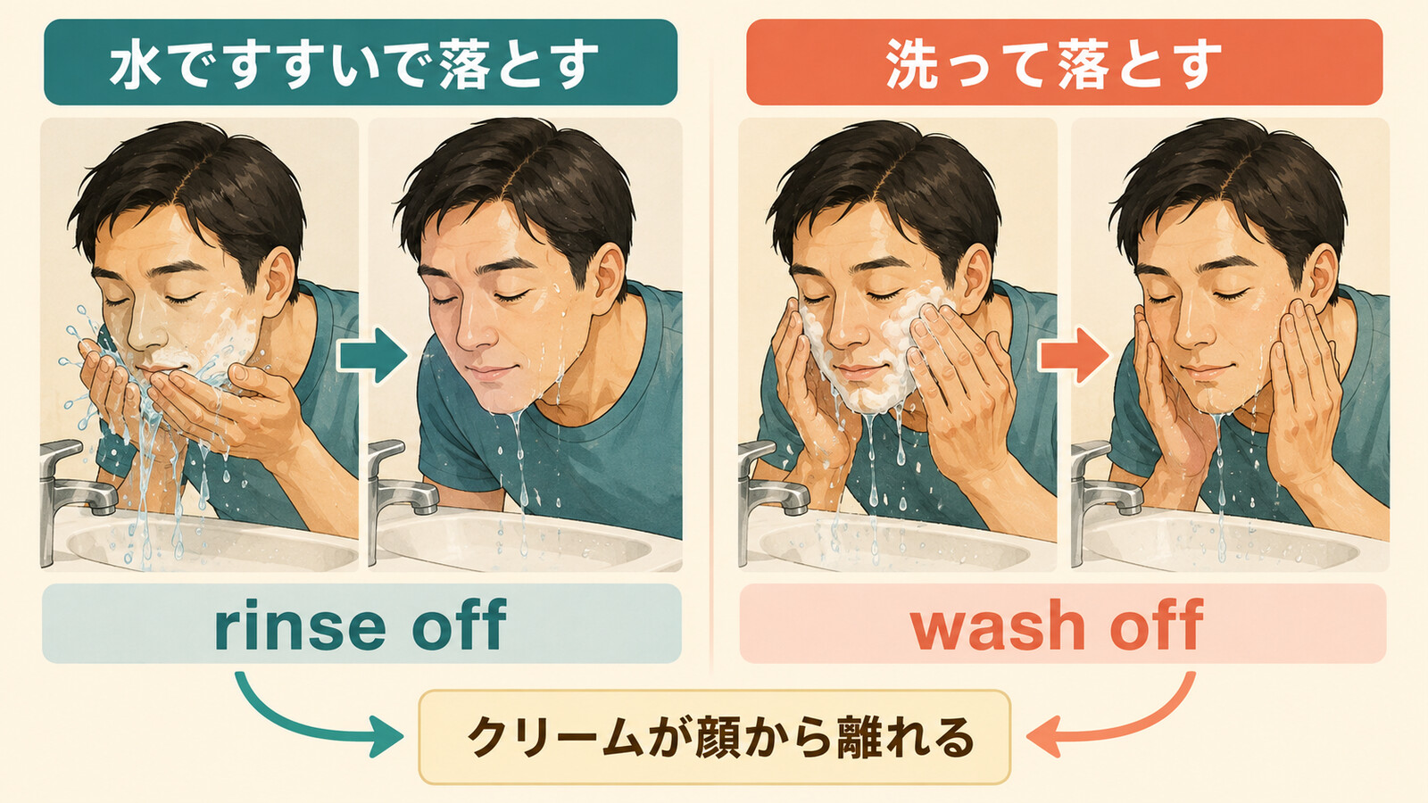 rinse offとwash offでシェービングクリームを落とす違いを示す解説イラスト