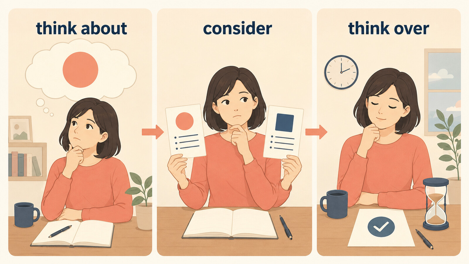 思案するをthink about・consider・think overに分けて考える比較イラスト