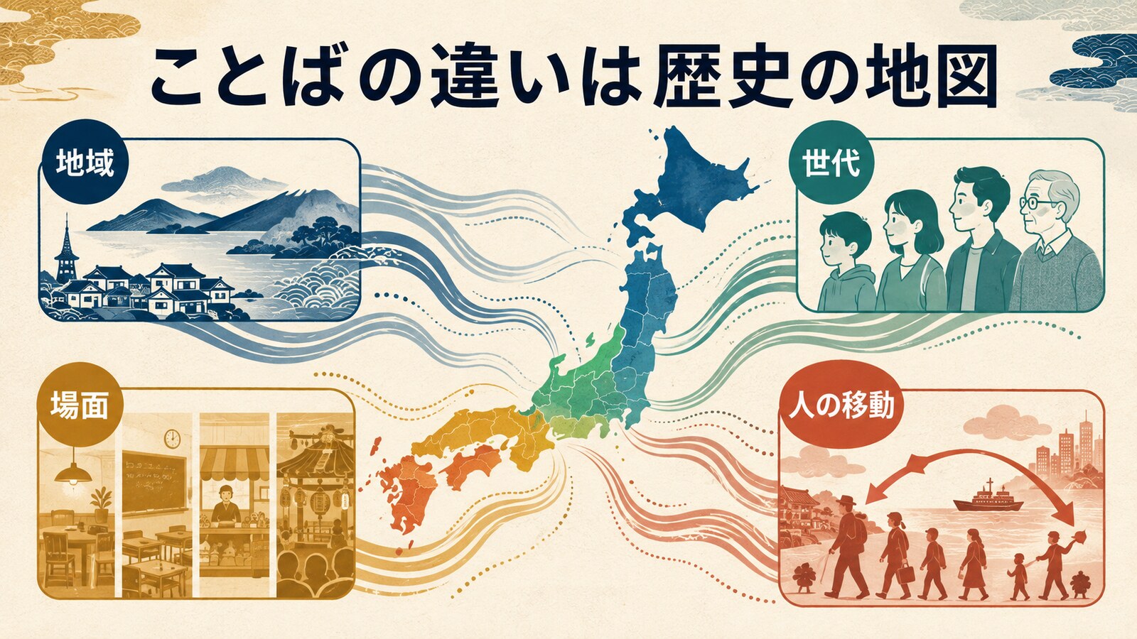 地域・世代・場面・人の移動と言葉の違いを示す図解