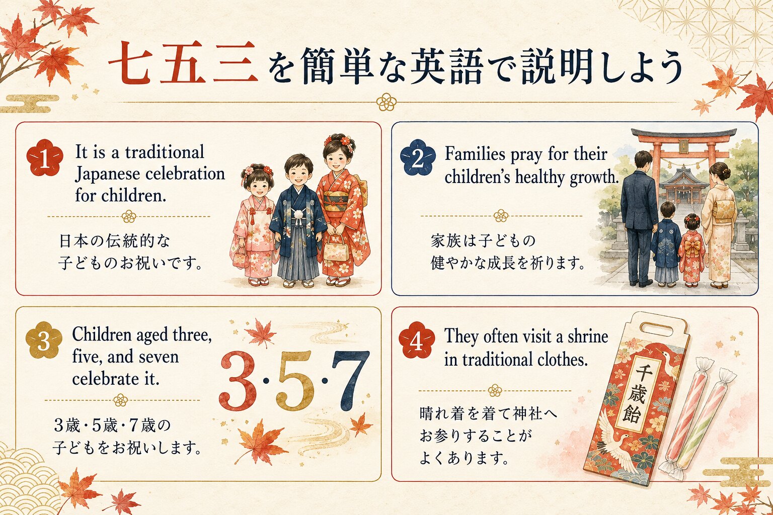 七五三を英語で説明！Shichi-Go-Sanの意味・年齢と神社参拝・千歳飴の例文
