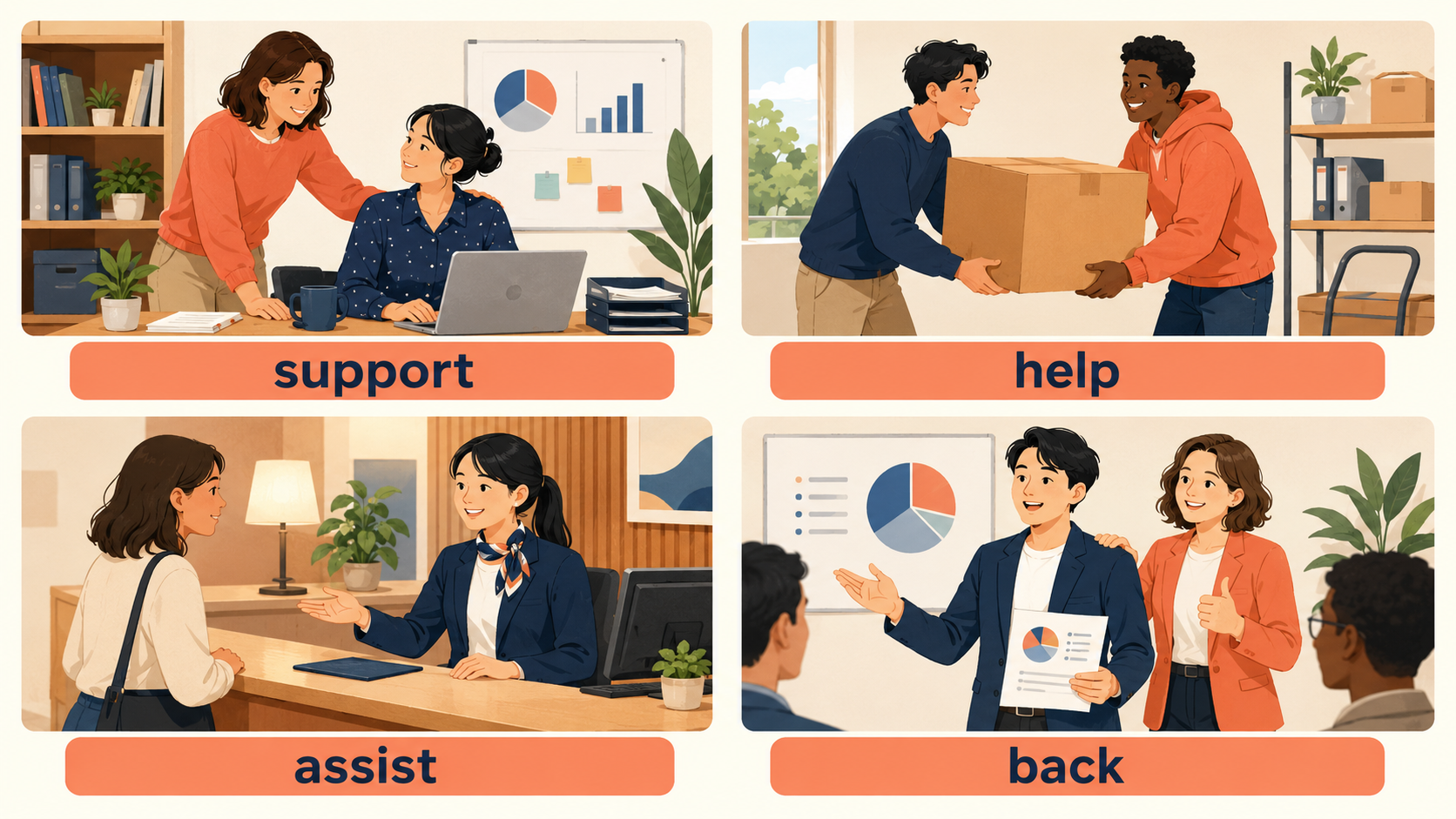 support・help・assist・backの場面別の違いを示す比較イラスト