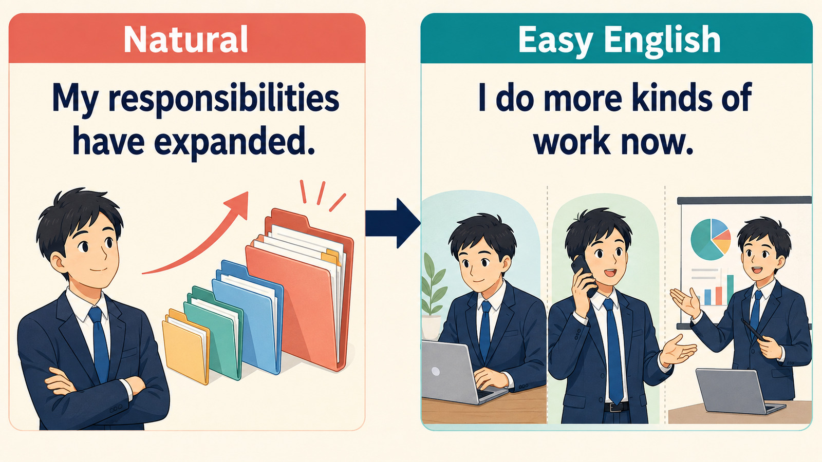 My responsibilities have expanded.をI do more kinds of work now.と言い換える図