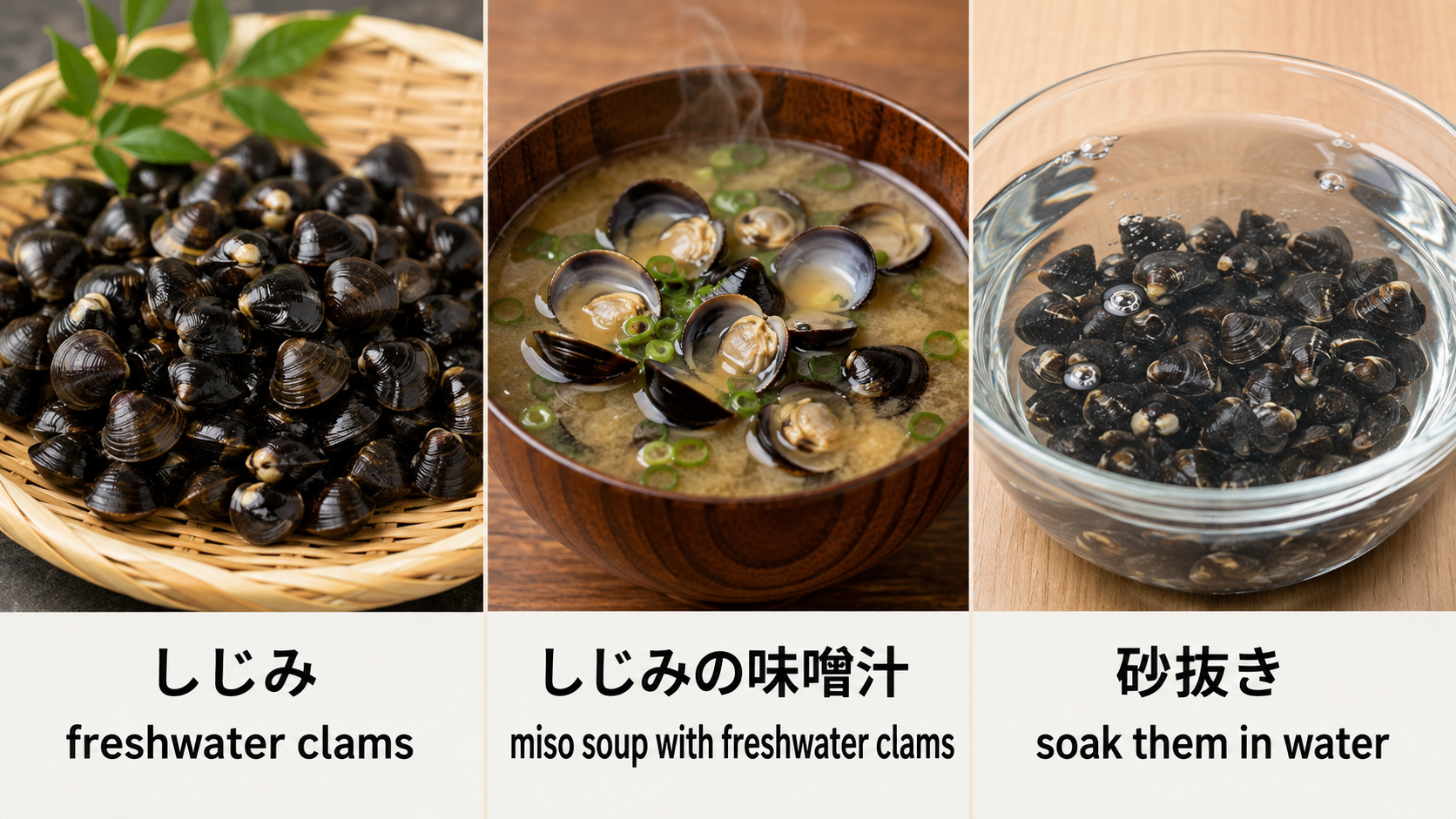 しじみ、しじみの味噌汁、砂抜きの英語表現図解