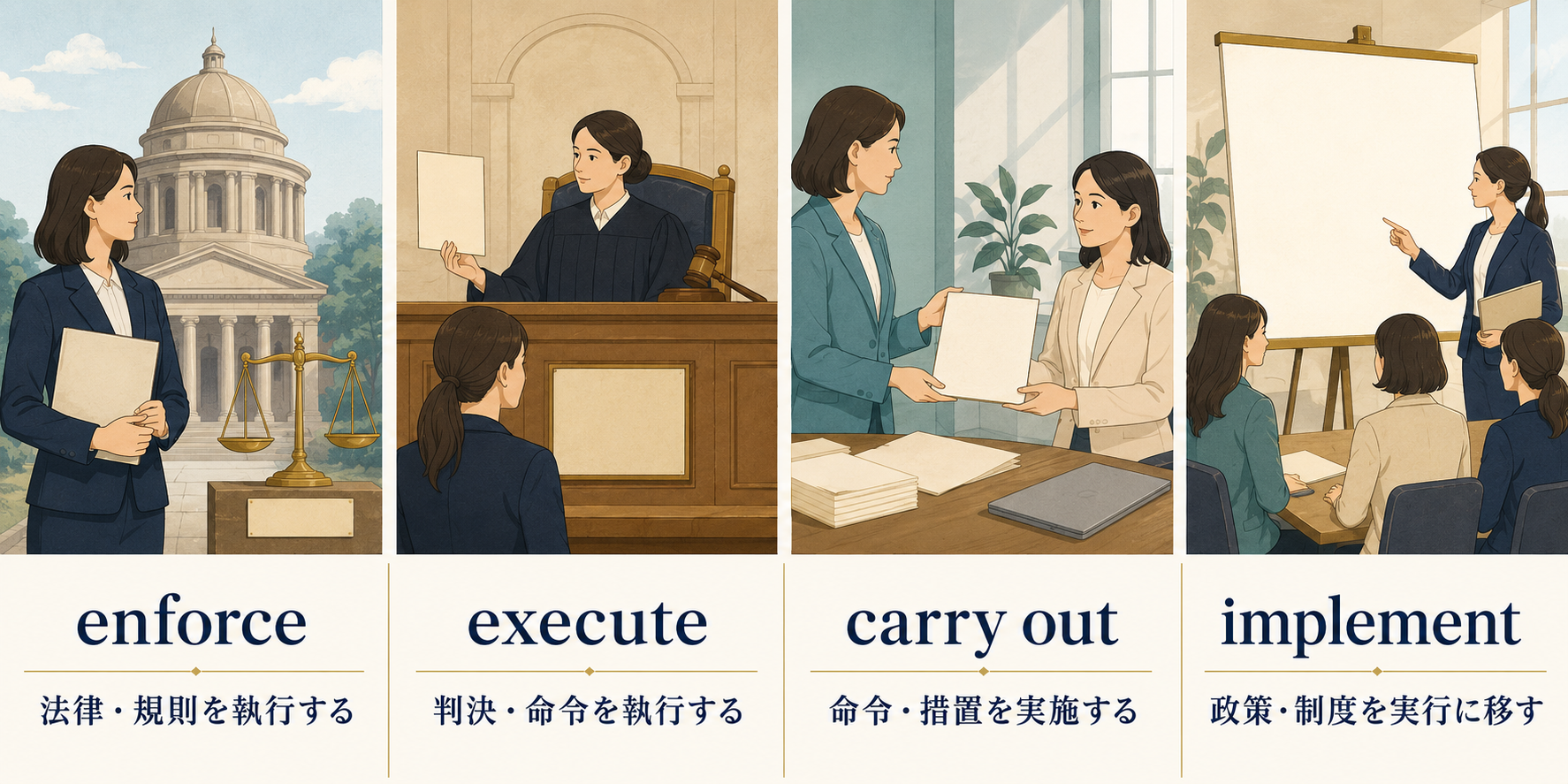 enforce、execute、carry out、implementの使い分け比較
