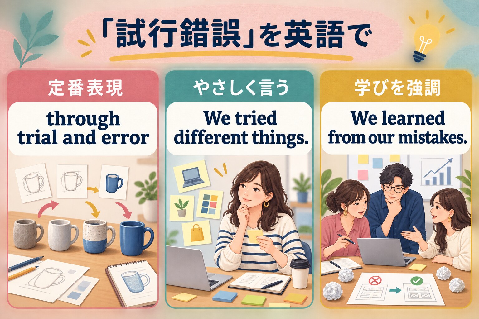 試行錯誤を英語で表す定番・初心者向け・学びを強調する3表現